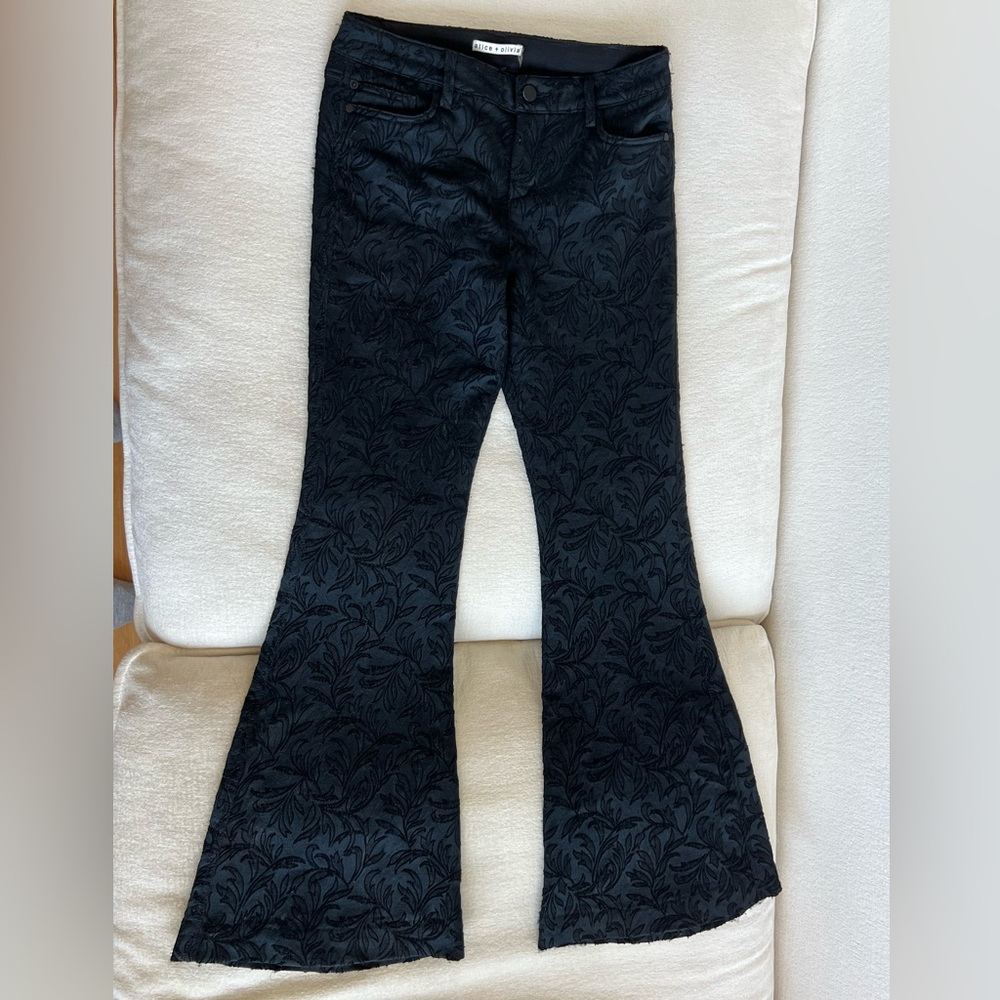 Alice + Olivia Embroidered Flare Pants - Textured Black and Navy Design